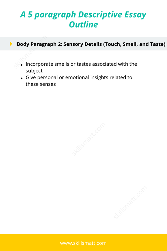 Use this descriptive essay outline to effectively structure your essay with vivid sensory details and a strong emotional connection._Image 2