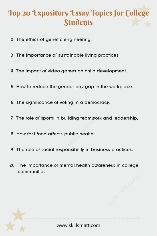 Explore these top 20 expository essay topics for college students, covering issues in technology, health, education, and social matters._Image 2
