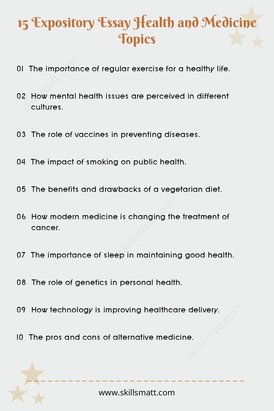 Dive into these 15 expository essay topics focusing on health and medicine, ranging from wellness to advancements in treatment._Image 1
