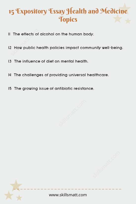 Dive into these 15 expository essay topics focusing on health and medicine, ranging from wellness to advancements in treatment._Image 2
