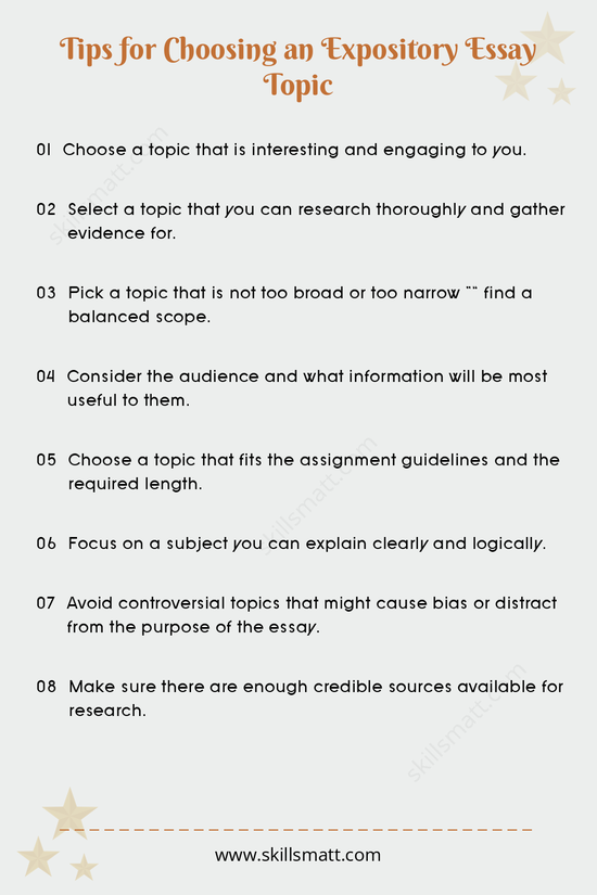 These tips will help you choose the perfect expository essay topic, ensuring itâ€™s engaging, manageable, and well-researched._Image 1