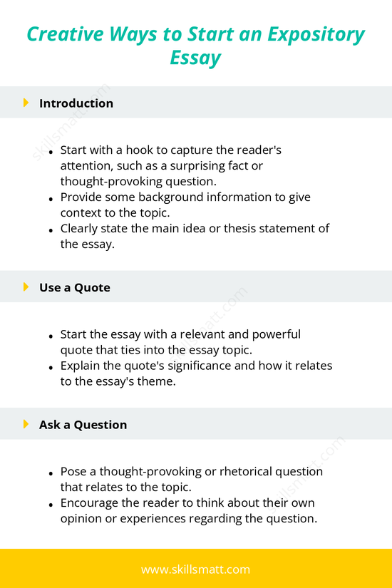 Discover different methods to start an expository essay, from using quotes and statistics to asking questions and telling stories._Image 1