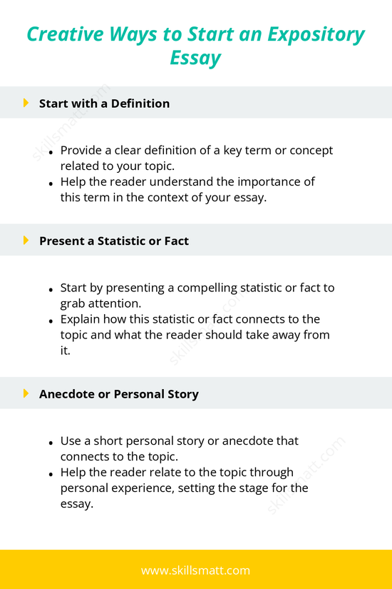 Discover different methods to start an expository essay, from using quotes and statistics to asking questions and telling stories._Image 2