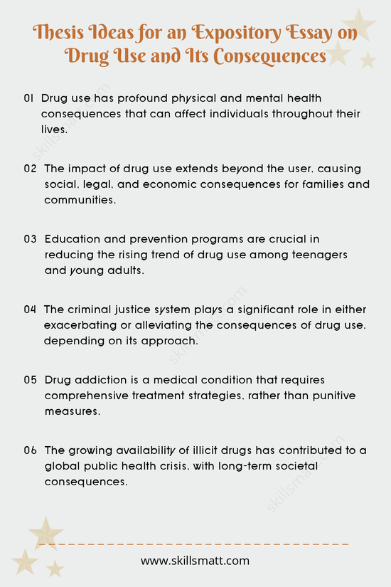 Explore these thesis ideas for an expository essay on drug use and its far-reaching consequences, from health to social impact._Image 1