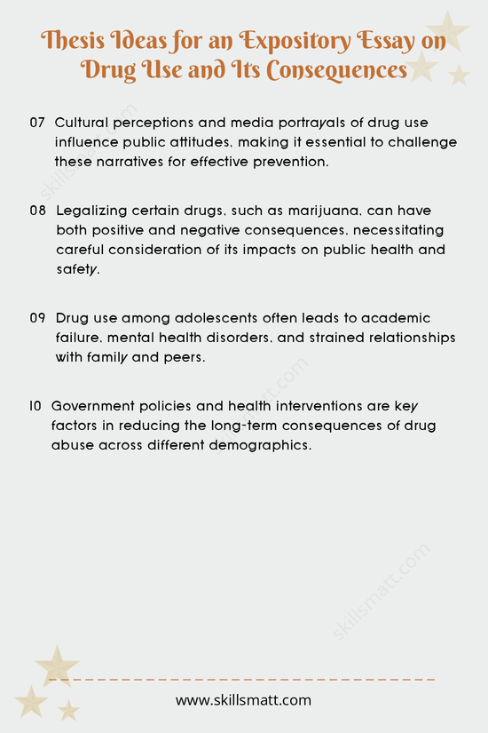 Explore these thesis ideas for an expository essay on drug use and its far-reaching consequences, from health to social impact._Image 2