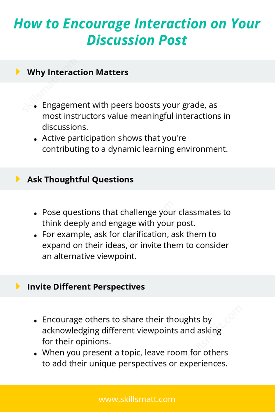 Learn strategies to encourage interaction on your discussion posts and boost your grade by fostering meaningful conversations._Image 1
