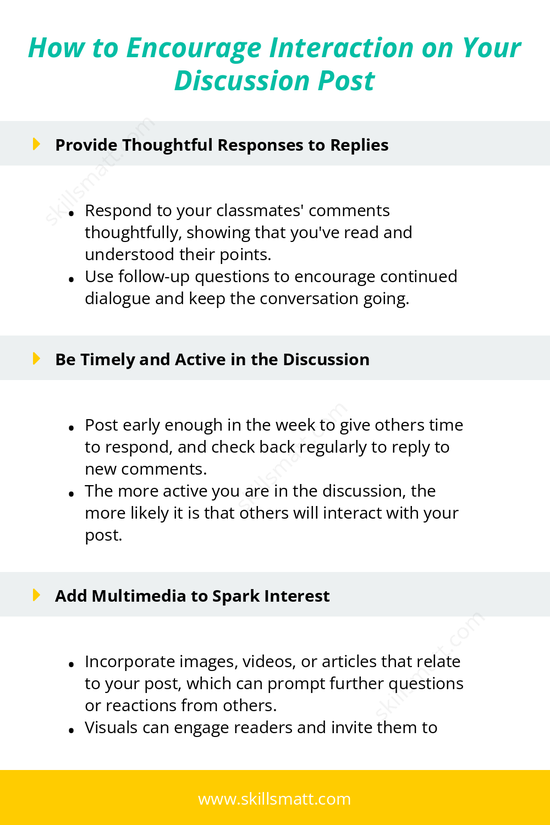 Learn strategies to encourage interaction on your discussion posts and boost your grade by fostering meaningful conversations._Image 2