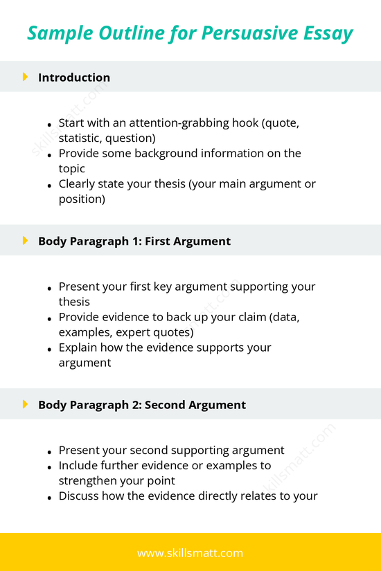 A clear and structured sample outline for a persuasive essay to guide you through organizing strong arguments and evidence._Image 1