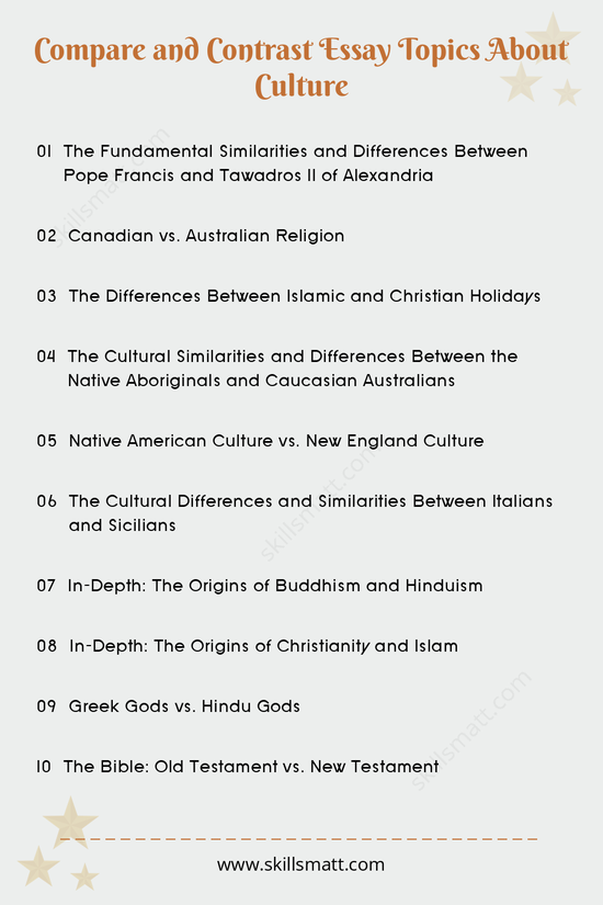 Explore fascinating culture-related compare and contrast essay topics that delve into religious beliefs, traditions, and historical influences across different cultures.