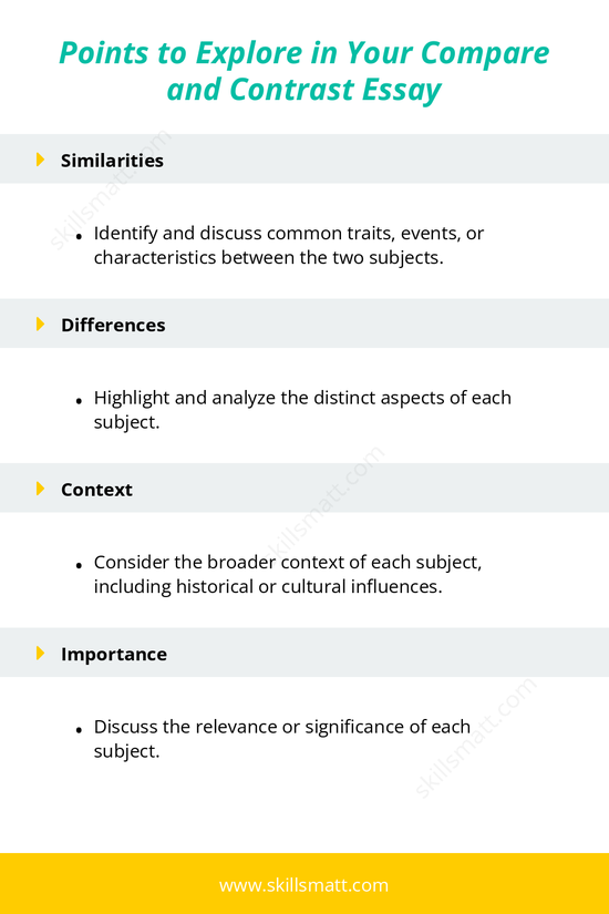 Explore essential points to examine when writing a compare and contrast essay, from identifying similarities to analyzing impact and offering interpretation._Image 1
