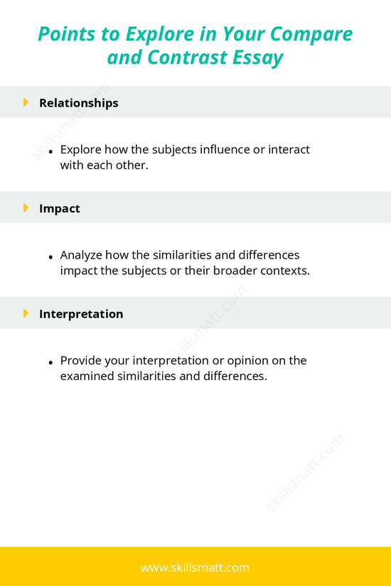 Explore essential points to examine when writing a compare and contrast essay, from identifying similarities to analyzing impact and offering interpretation._Image 2