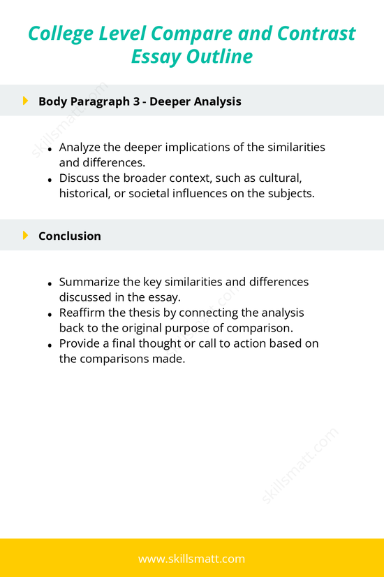 Explore a detailed college-level outline for a compare and contrast essay, including structure for introduction, body paragraphs, and conclusion._Image 2