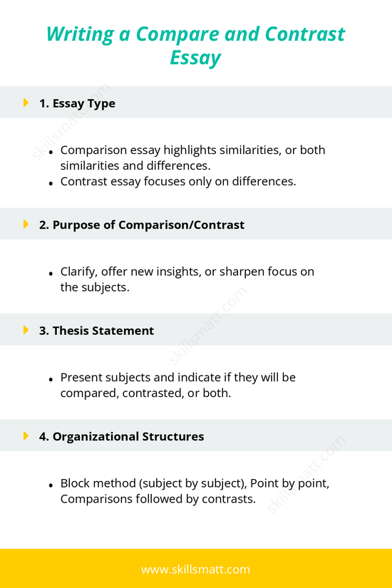 Explore the essential points for writing a compare and contrast essay, from the structure to useful transition words._Image 1