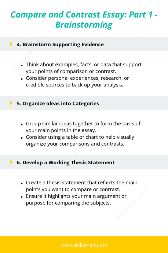 Brainstorm effectively for your compare and contrast essay with these helpful steps to choose relevant subjects, identify key similarities and differences, and organize your ideas._Image 2