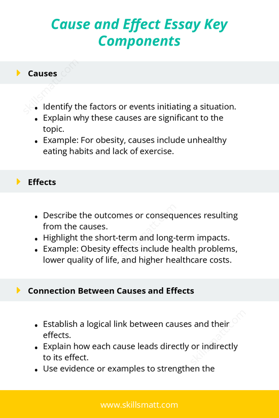 Outline of the key components of a cause and effect essay: causes, effects, and their logical connection._Image 1