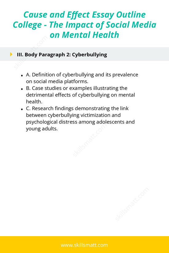 An in-depth college-level cause and effect essay outline sample exploring the impact of social media on mental health, with sections on increased comparison, cyberbullying, and addiction._Image 2