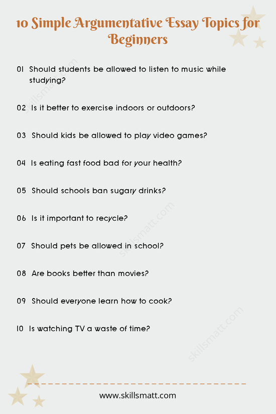 A beginner-friendly collection of argumentative essay topics that will help students get started with persuasive writing.