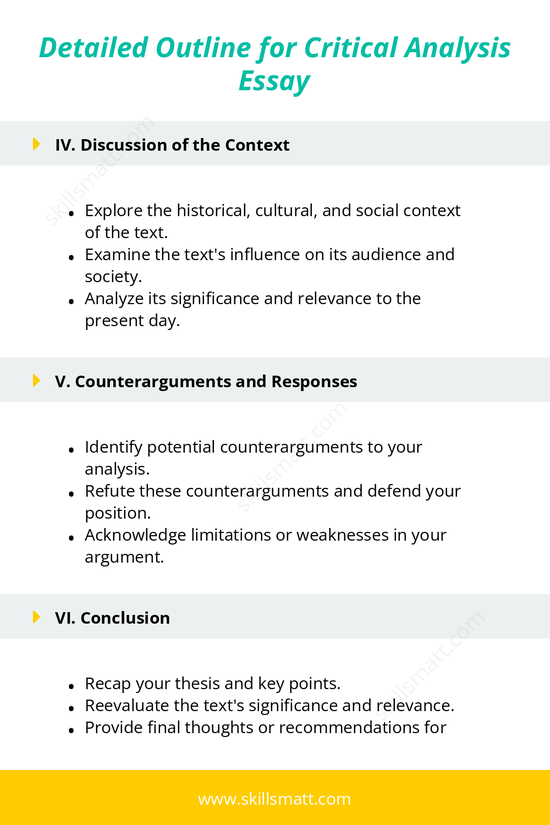 A structured outline to craft a critical analysis essay, focusing on text evaluation, context, and counterarguments._Image 2