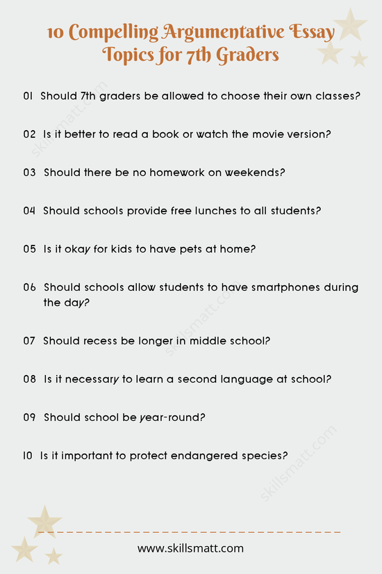 These argumentative essay topics are ideal for 7th graders who are beginning to engage in persuasive writing.