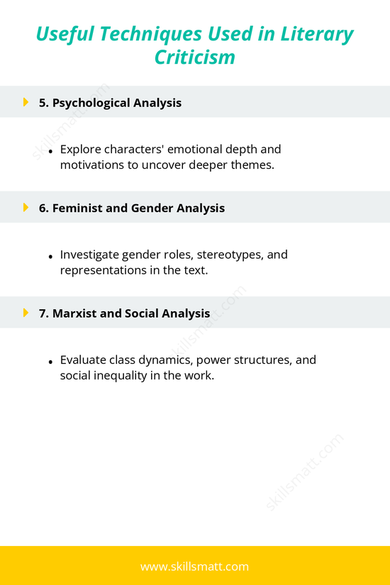 A breakdown of seven essential techniques in literary criticism, including close reading, historical context, and Marxist analysis._Image 2