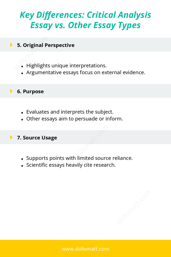 A concise breakdown of the key differences between critical analysis essays and other essay types, focusing on subjectivity, tone, and purpose._Image 2