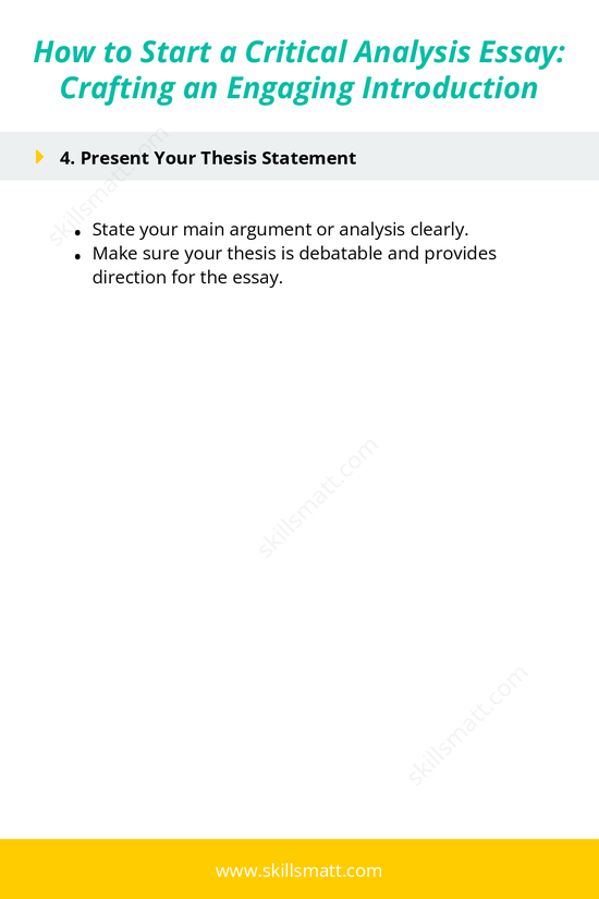 Steps for effectively starting a critical analysis essay, from creating a hook to transitioning to the body._Image 2