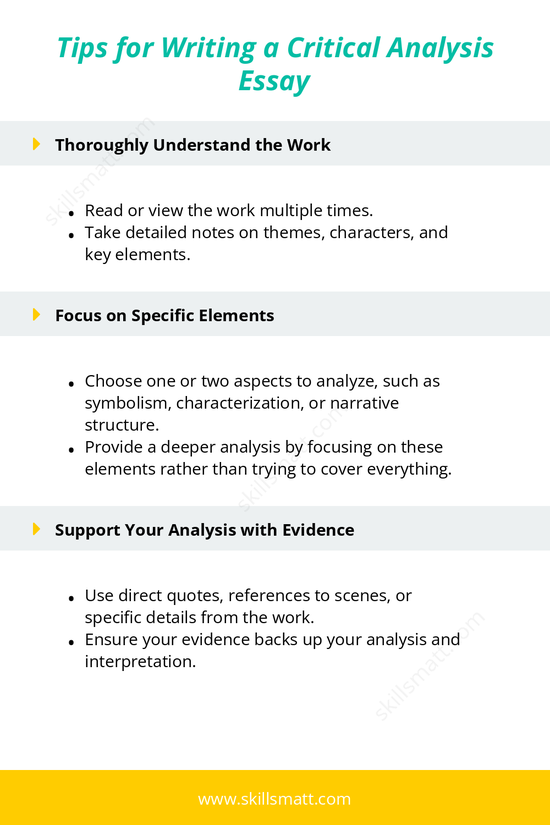 Key tips for writing a critical analysis essay, focusing on thorough understanding, specific elements, evidence, and context._Image 1