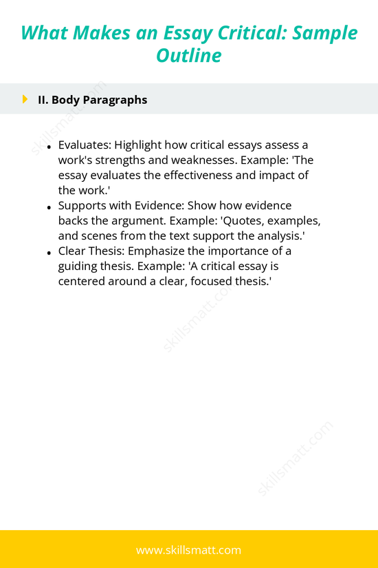 A concise outline of key elements in a critical essay, including analysis, interpretation, and evaluation._Image 2