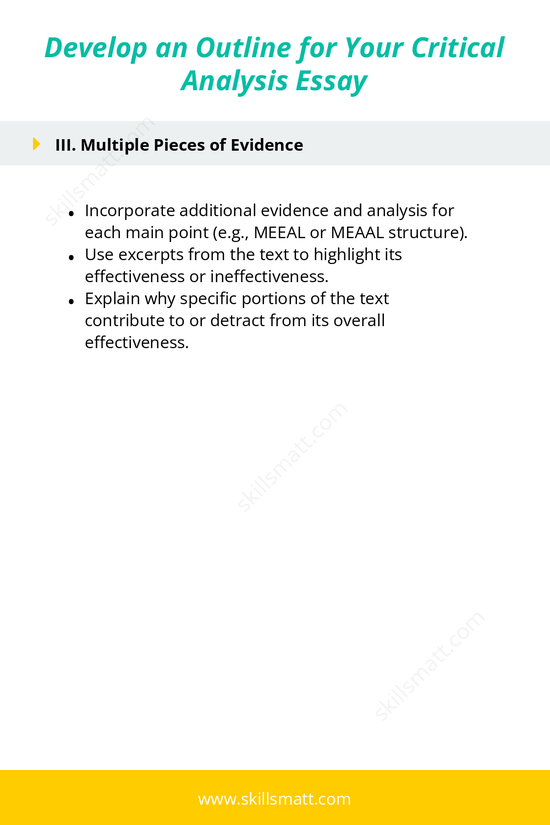A clear outline for structuring a critical analysis essay using the MEAL concept, emphasizing evidence and analysis._Image 2