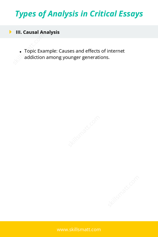 An outline to explore different types of analysis in critical essays with topic examples for each type._Image 2