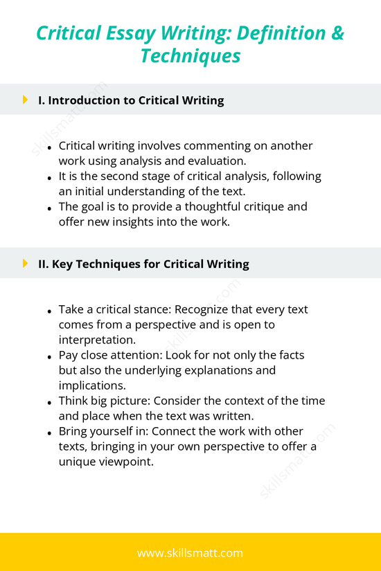 An outline providing key techniques and dos and donâ€™ts for writing a critical essay._Image 1