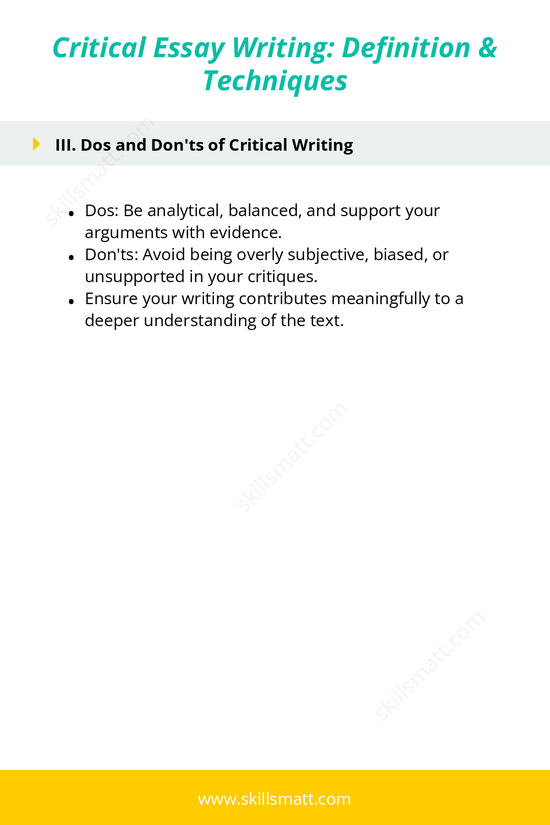 An outline providing key techniques and dos and donâ€™ts for writing a critical essay._Image 2