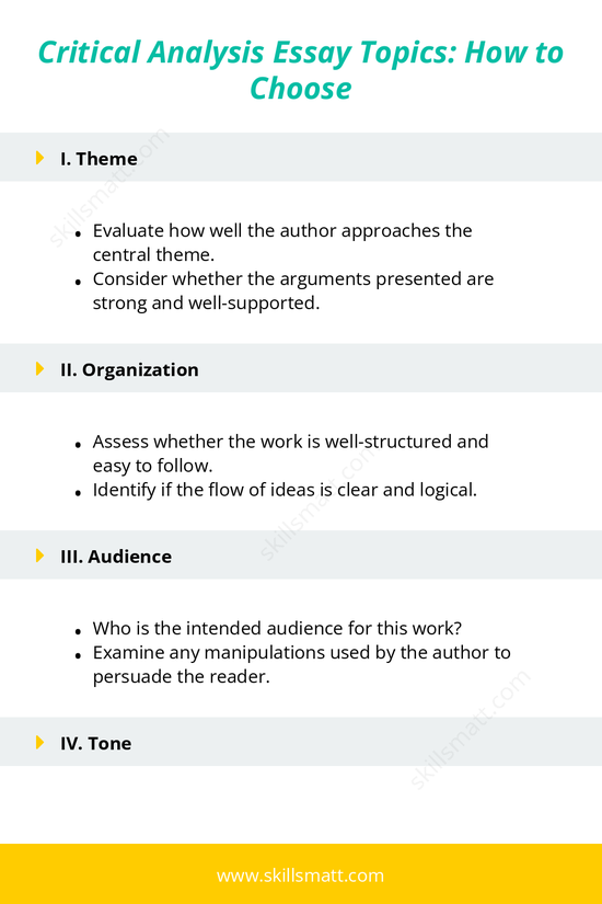 A guide to selecting critical analysis essay topics by considering themes, tone, structure, and more._Image 1