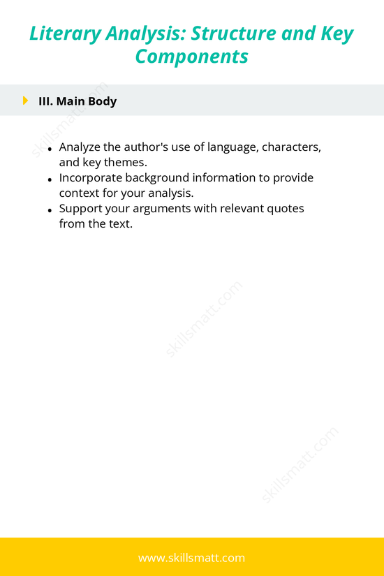 An outline for writing a literary analysis, focusing on structure, thesis development, and key components to consider._Image 2