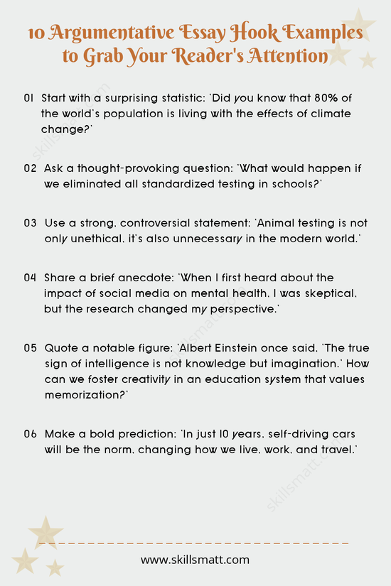 Discover 10 effective hook examples to make your argumentative essay stand out and capture your reader's attention from the very beginning._Image 1
