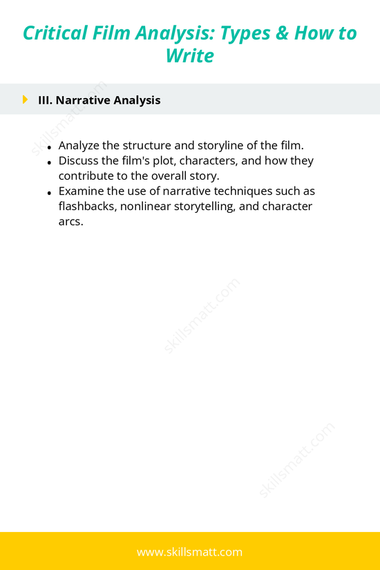 An outline for writing a critical film analysis, with a focus on various types of analysis including semiotic, narrative, historical, and mise-en-scène._Image 2