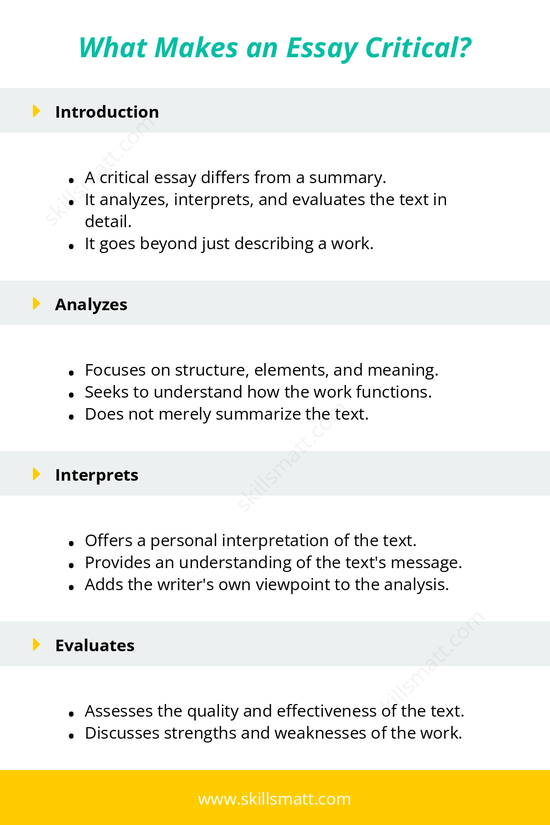 A detailed outline of what makes an essay critical, focusing on analysis, interpretation, and evaluation._Image 1