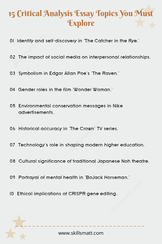 A collection of thought-provoking critical analysis essay topics to explore across various fields of study.