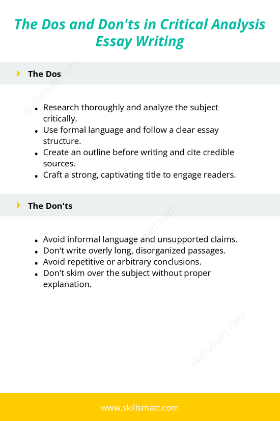 Key dos and donâ€™ts for writing a compelling critical analysis essay, including research tips and structuring advice.