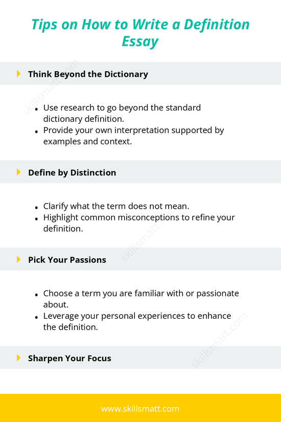 Discover essential tips for writing a definition essay, from thinking beyond the dictionary to refining your focus and avoiding plagiarism._Image 1