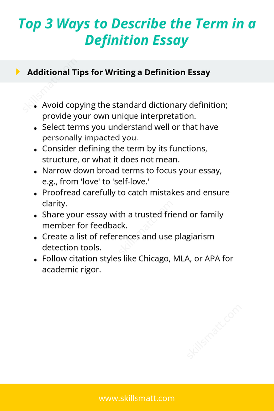 Explore the top three ways to describe a term in a definition essay, including historical context, practical use, and comparisons, with additional writing tips._Image 2