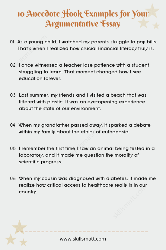 Use these 10 anecdote hook examples to engage your readers with personal, relatable stories in your argumentative essay._Image 1