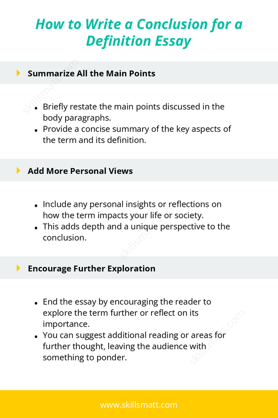 Learn how to craft a compelling conclusion for your definition essay, summarizing key points and adding your personal touch.