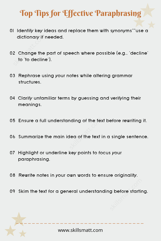 Master the art of paraphrasing with these 9 tips, including using synonyms, altering grammar, and summarizing effectively.