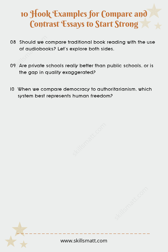 Start your compare and contrast essay with these engaging hook examples that highlight intriguing similarities and differences._Image 2