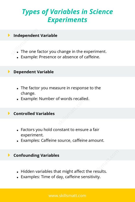 An outline explaining the different types of variables in science experiments.