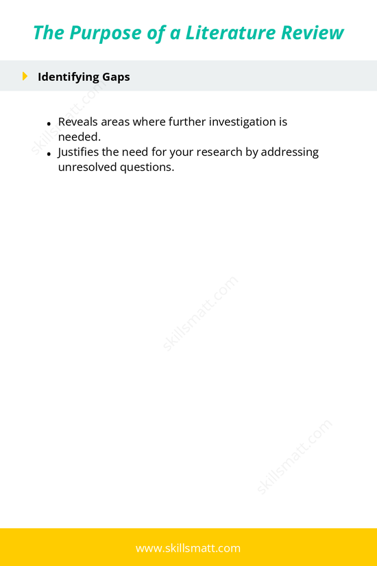 Explore the purpose of a literature review, including showcasing research ability, providing context, evaluating studies, identifying gaps, and building credibility._Image 2