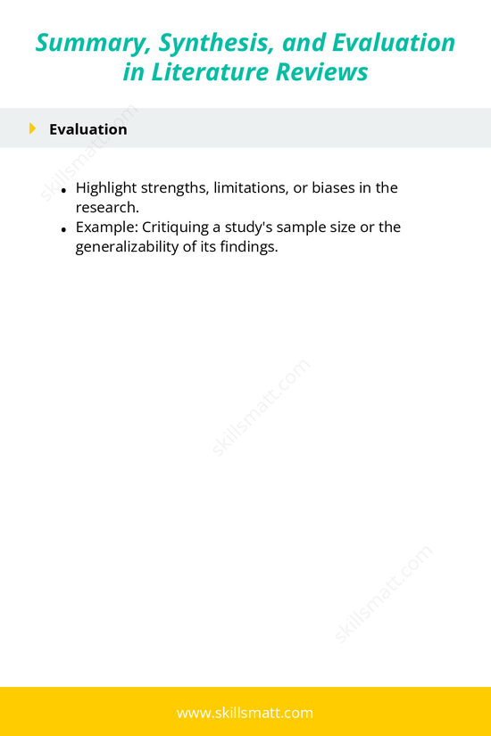 Learn how to effectively summarize, synthesize, and evaluate research within a literature review to create a well-rounded analysis._Image 2