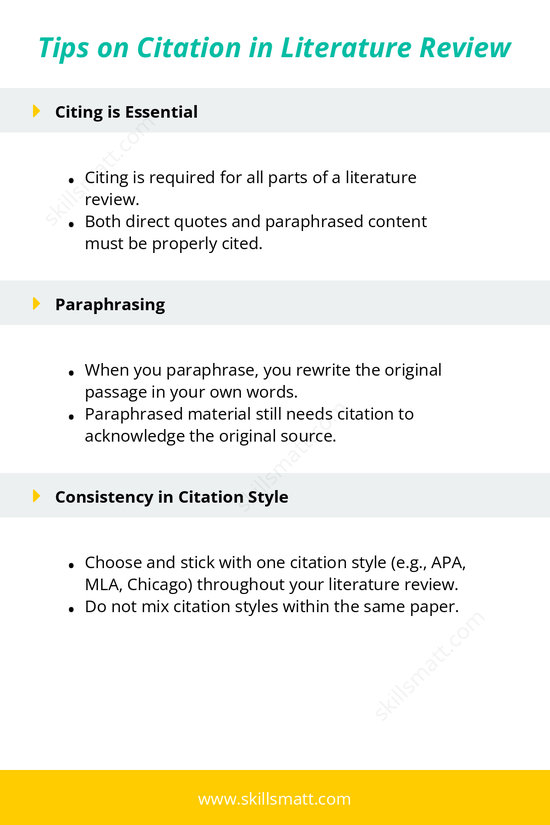 Important citation tips for your literature review: cite both direct quotes and paraphrased material, and ensure consistent use of one citation style.