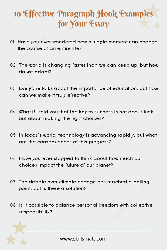 Use these 10 paragraph hook examples to start each section of your essay with a strong and engaging statement._Image 1